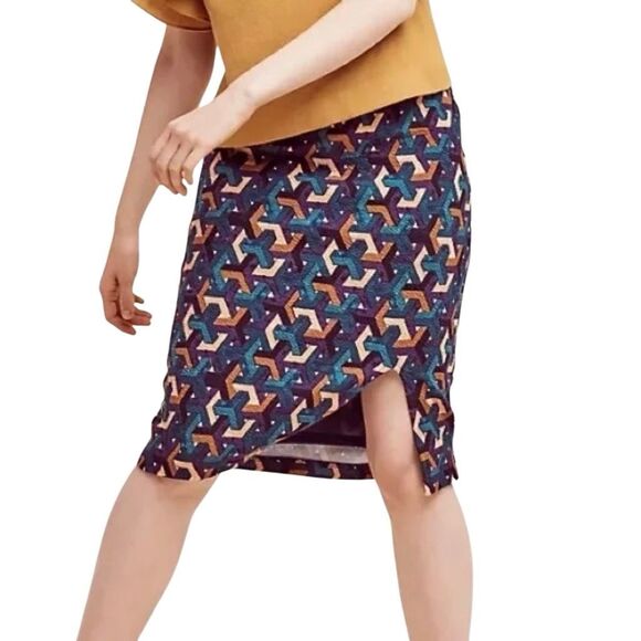 Anthropologie Maeve Midi Stretch Front Slit Geometric Pencil Skirt Small - Picture 2 of 6